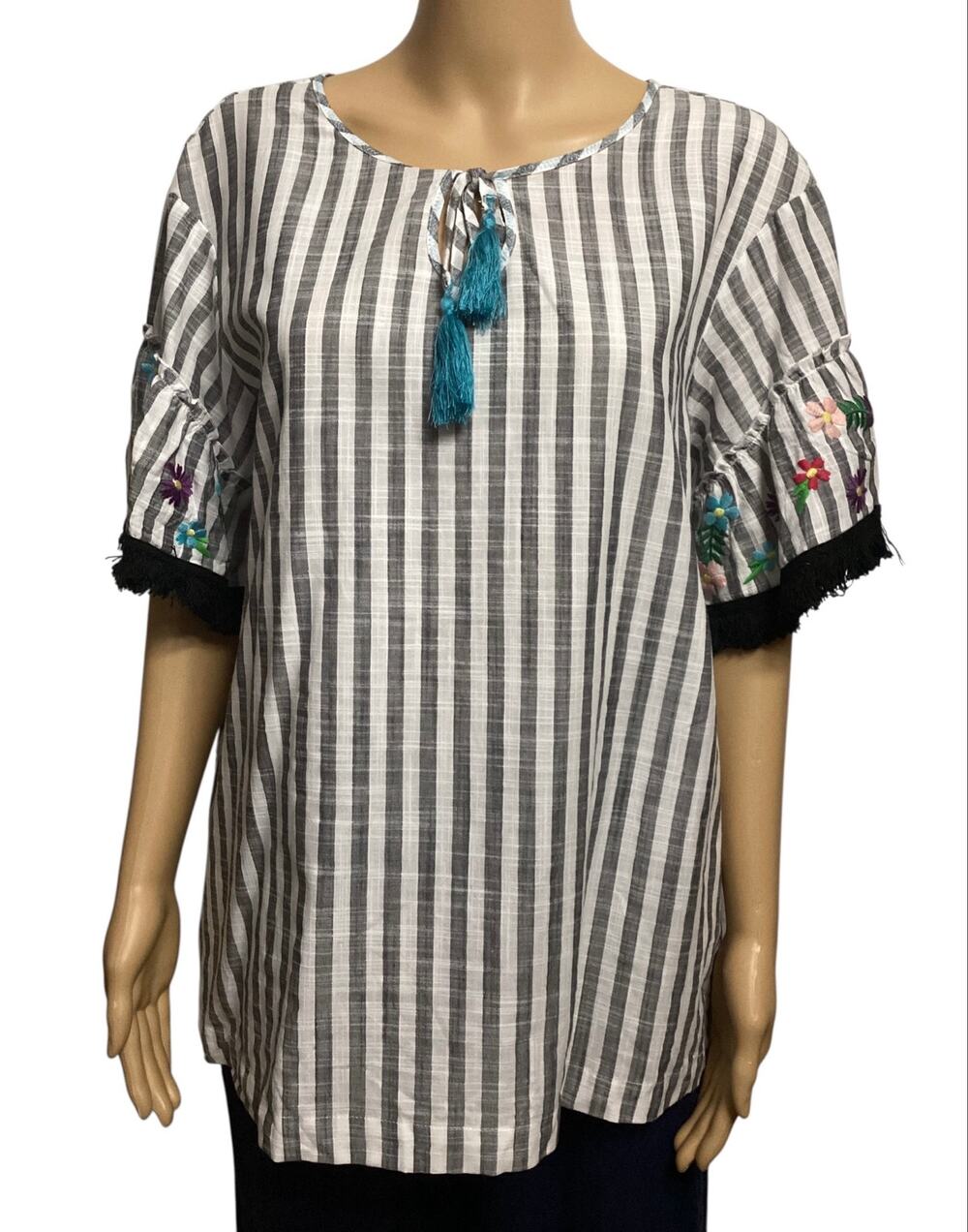 Rafaella Striped Embroidered Tassel Blouse – Boho Floral Sleeve Top size size L